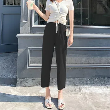 

Summer Loose Pants With Pockets Women's Casual Chiffon Thin Elastic Wide Leg Solid Color Calf-Length Pants Drop Shipping
