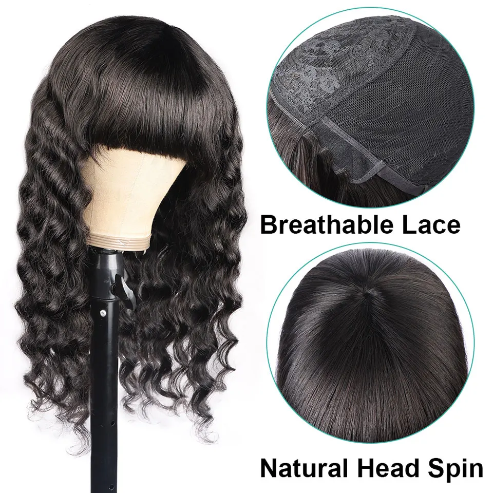 Solta com Franja Perucas de Cabelo Humano com Franja para Preto Peruca Profunda Completa Máquina Feita Remy Glueless Brasileiro Feminino 4 Apliques e perucas