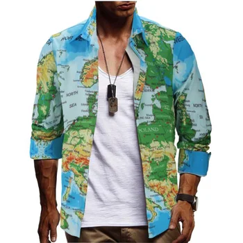 

Luxury Printed World Map Men Long Sleeved Shirt Slim Fit Hawaiian Shirt Casual Fashion Summer Men Shirt Beach Luxury Men Shirt
