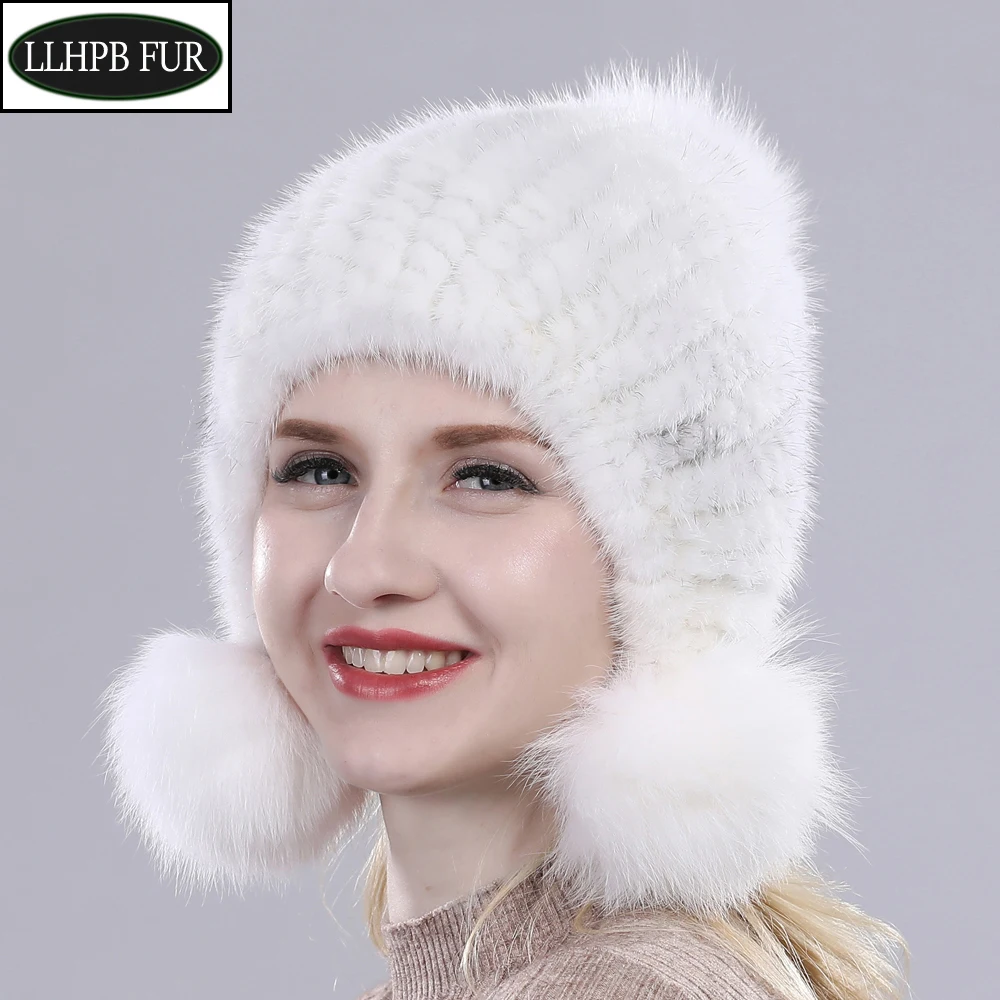 

2024 New Lovely 100% Real Mink Fur Hat Women Winter Knitted Real Genuine Mink Fur Beanies Thick Warm Real Fox Fur Pom Poms Cap