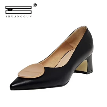 

Mature Hot Sale Pumps Fashion Colorful Square Heel High Quality Sheepskin Round Toe Shoes Elegant Women' s Pumps