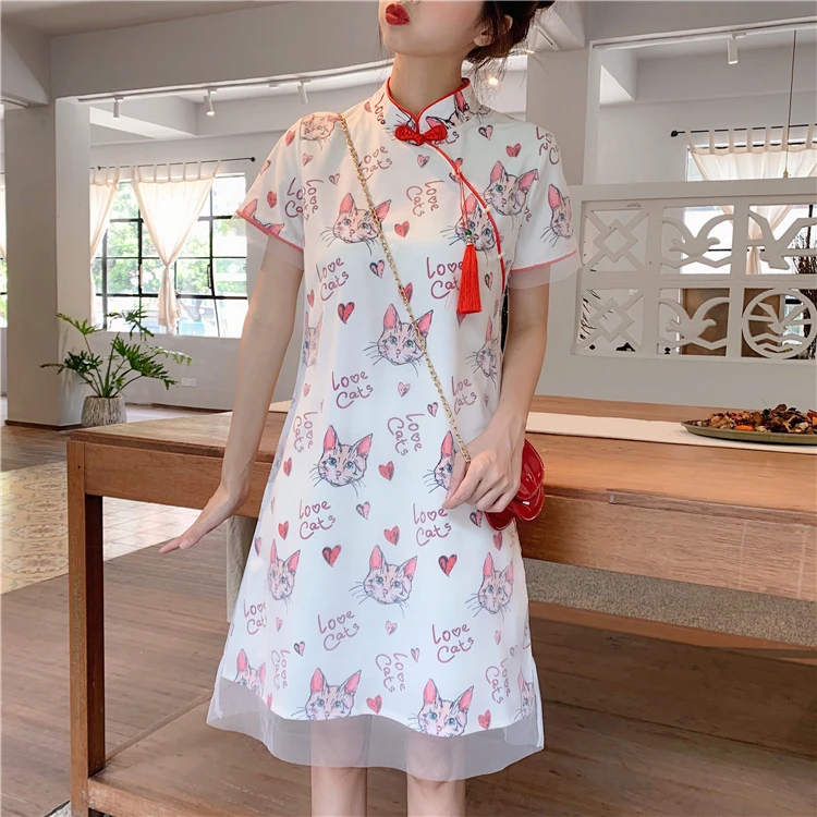 

Cute Women's Summer Cats Chipao China Modern Style Dress Mandarin Collar Tassel Kawaii Girls One Piece