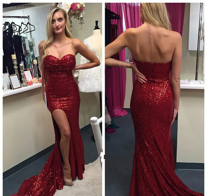 Sexy Long Red Prom Dresses Sequined Sweetheart High Side Slit with Ruffles Floor Length Formal Evening Party Gowns Custom Made  119 (2)