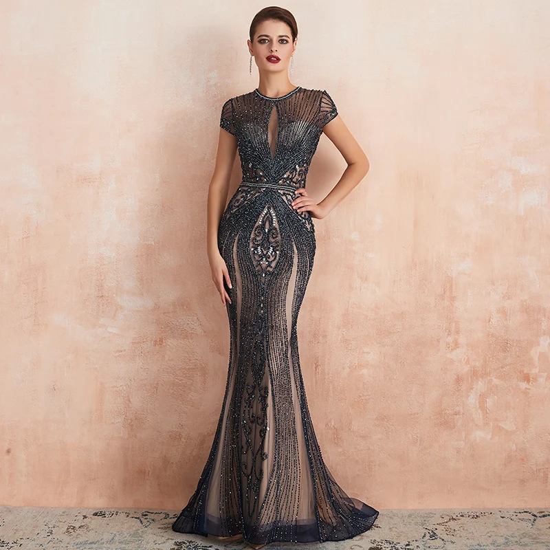 Champagne grey Элегантное платье русалки вечернее платье Robe De Soiree цвет шампанского серый/синий Стразы Блестки Бисероплетение Свадебное официальное платье вечерние платья - Цвет: Champagne grey