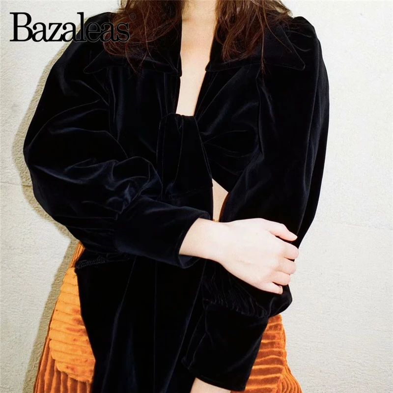 Bazaleas Vintage Turn Down tops Retro Velvet Navy Women blouse Waist Bandage Cross blusas mujer de moda