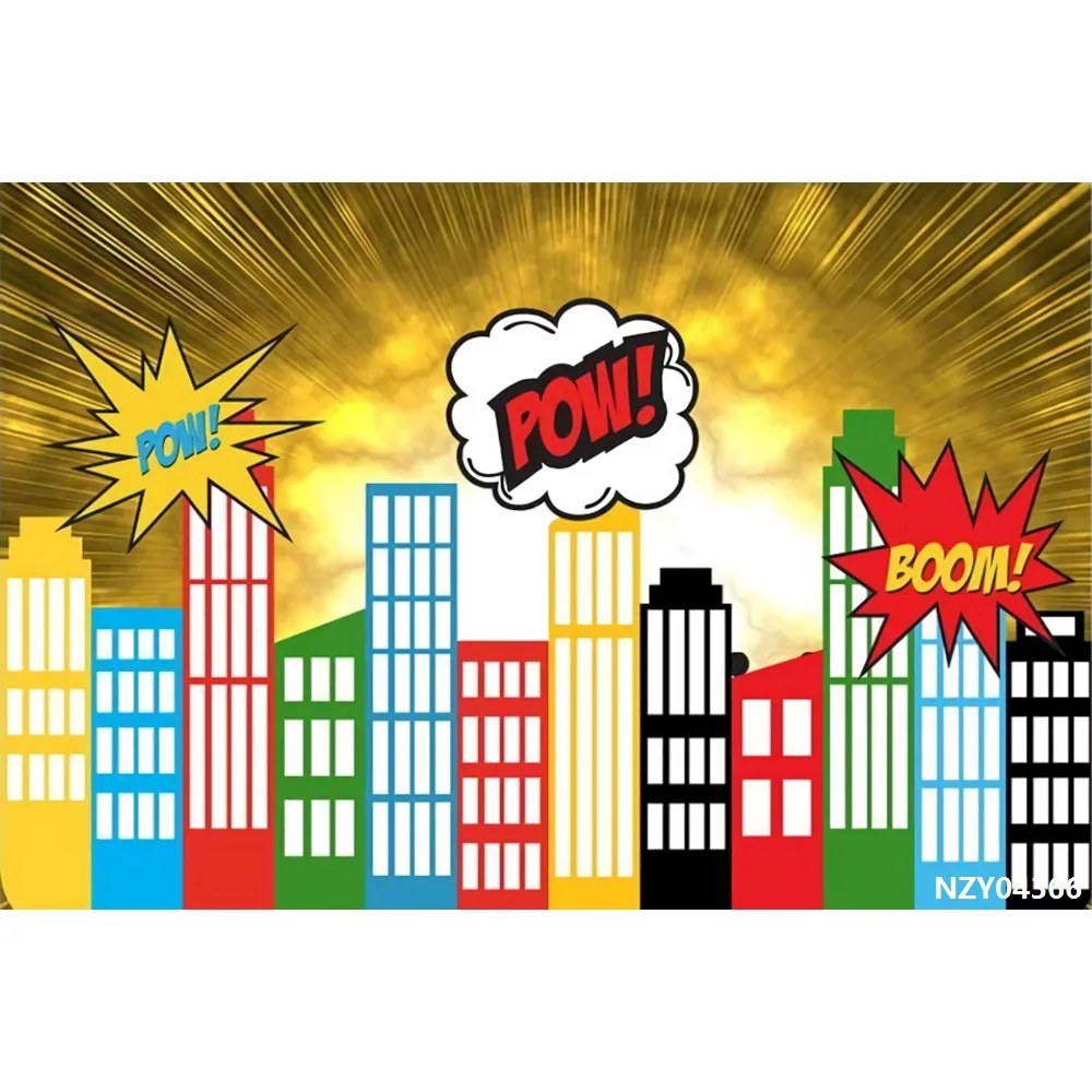 Laeacco Comics городские здания облака бум Pow день рождения фотографии фоны индивидуальные Фотофон для фотостудии - Цвет: NZY04366