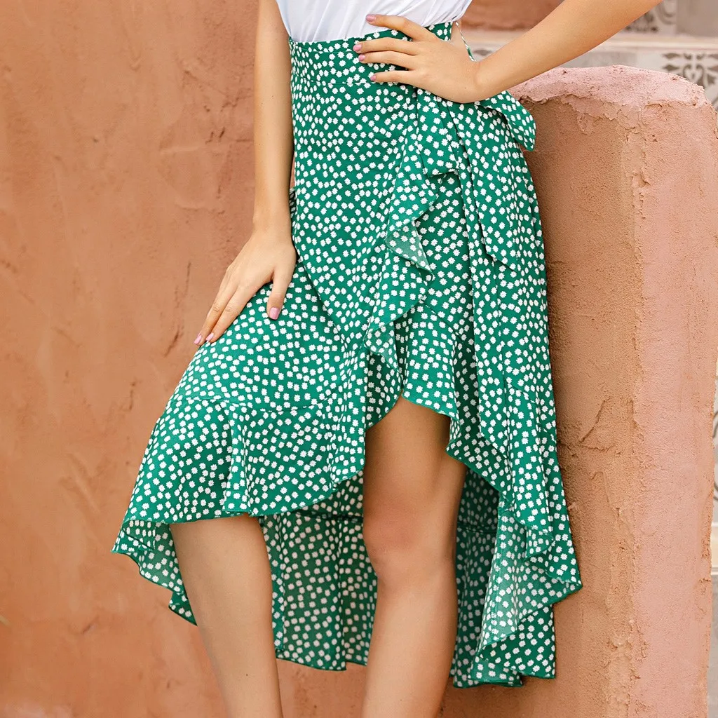 

Spring summer work asymmetrical skirts Ruffle leaf print wrap skirt women Sash tie up beach summer skirt faldas mujer moda 2020