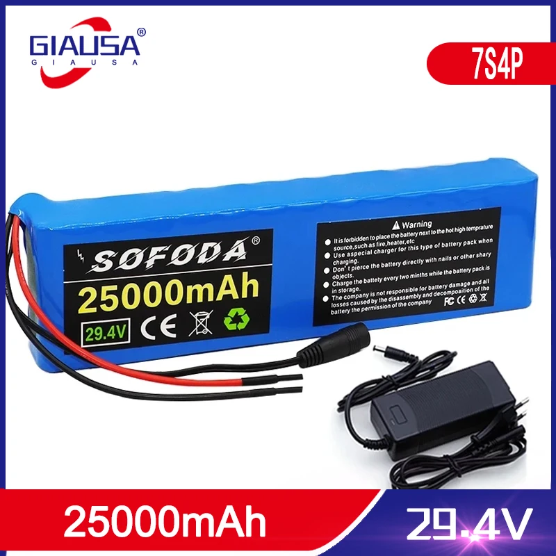 7S4P 24V 25Ah electric bicycle motor ebike scooter li-ion battery pack 29.4v 18650 rechargeable batteries BMS + charger | Спорт и