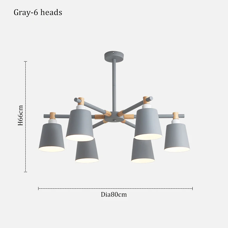 Gray-6 heads Люстра в скандинавском стиле для гостиной, спальни, столовой, зеленая/серая/Розовая/белая железная деревянная лампа, люстра E27, осветительные приборы - Цвет абажура: Gray-6 heads