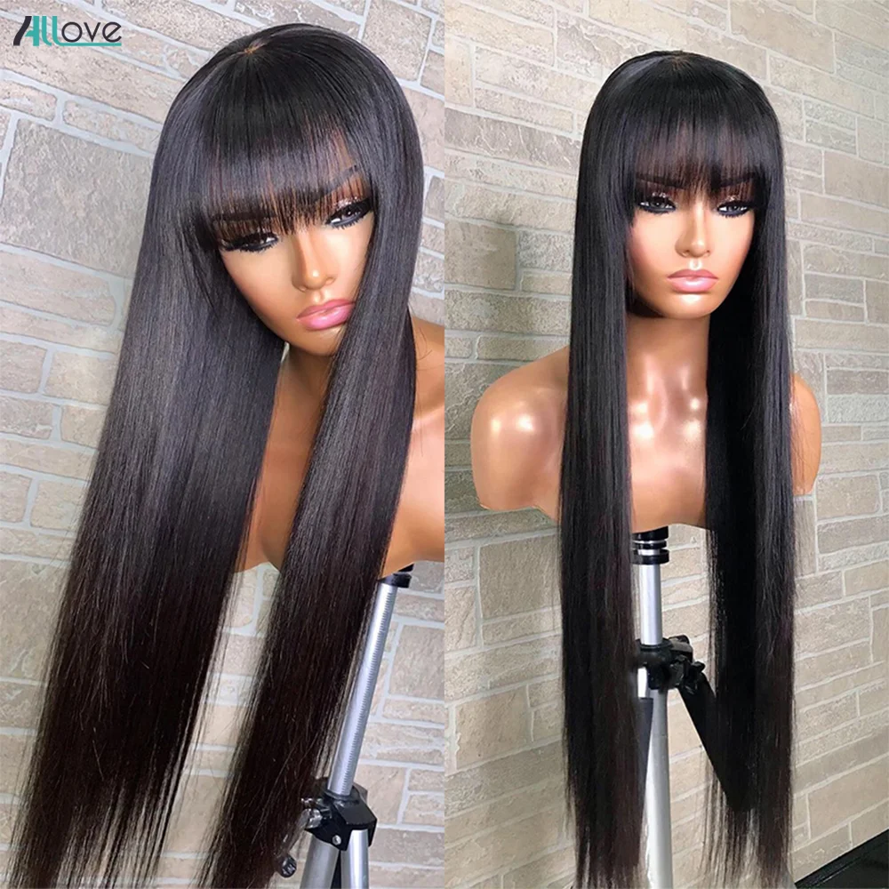 Allove Straight Human Hair Wigs with Bangs Fringe Wig Human Hair Glueless Full Machine Wig Highlight Brown Blonde Burgundy Wig