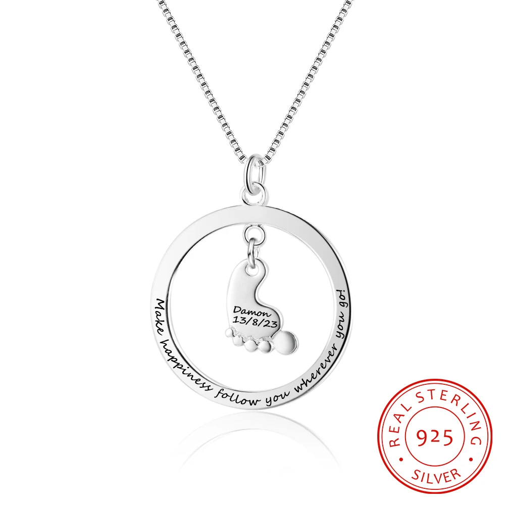 

925 Sterling Silver Personalized Necklace Cute Jewelry Round with Baby Foot Pendant Engraved Name Simple Promise Gift for Women