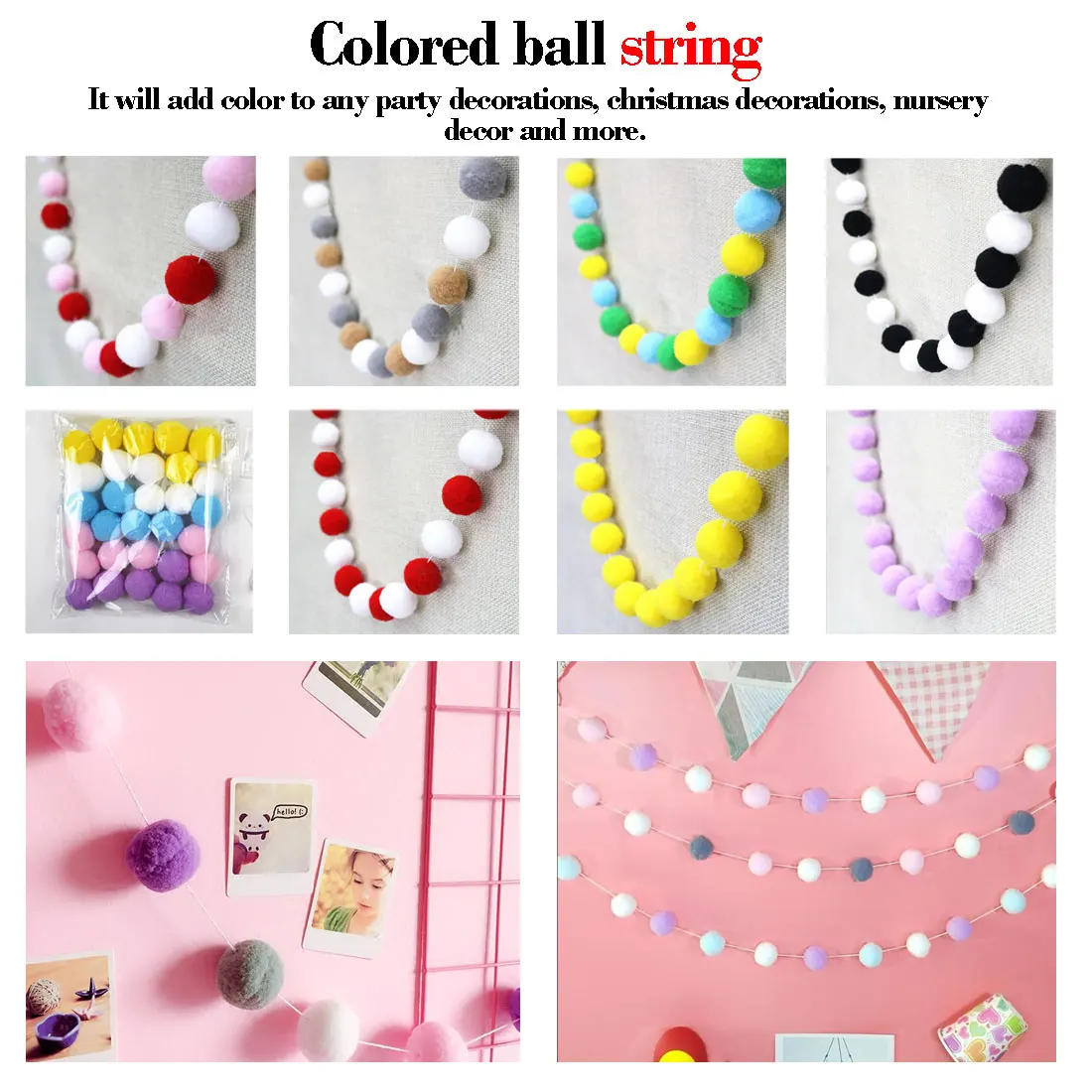 

200cm Macaron Wool Colored Ball Decoration with 30 Round Balls Pom Poms Felted Baby Kids Tent Room Decor Accessory Wall Hanging