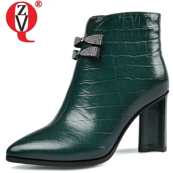 

ZVQ winter new fashion sexy ankle boots outside high heels pointed toe crystal zip genuine leather women shoes drop shipping
