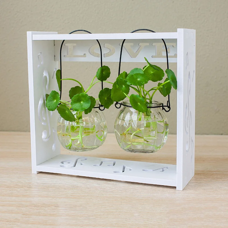 Desktop Glass Planter Bulb Vase with Retro Solid Wooden Stand and Metal