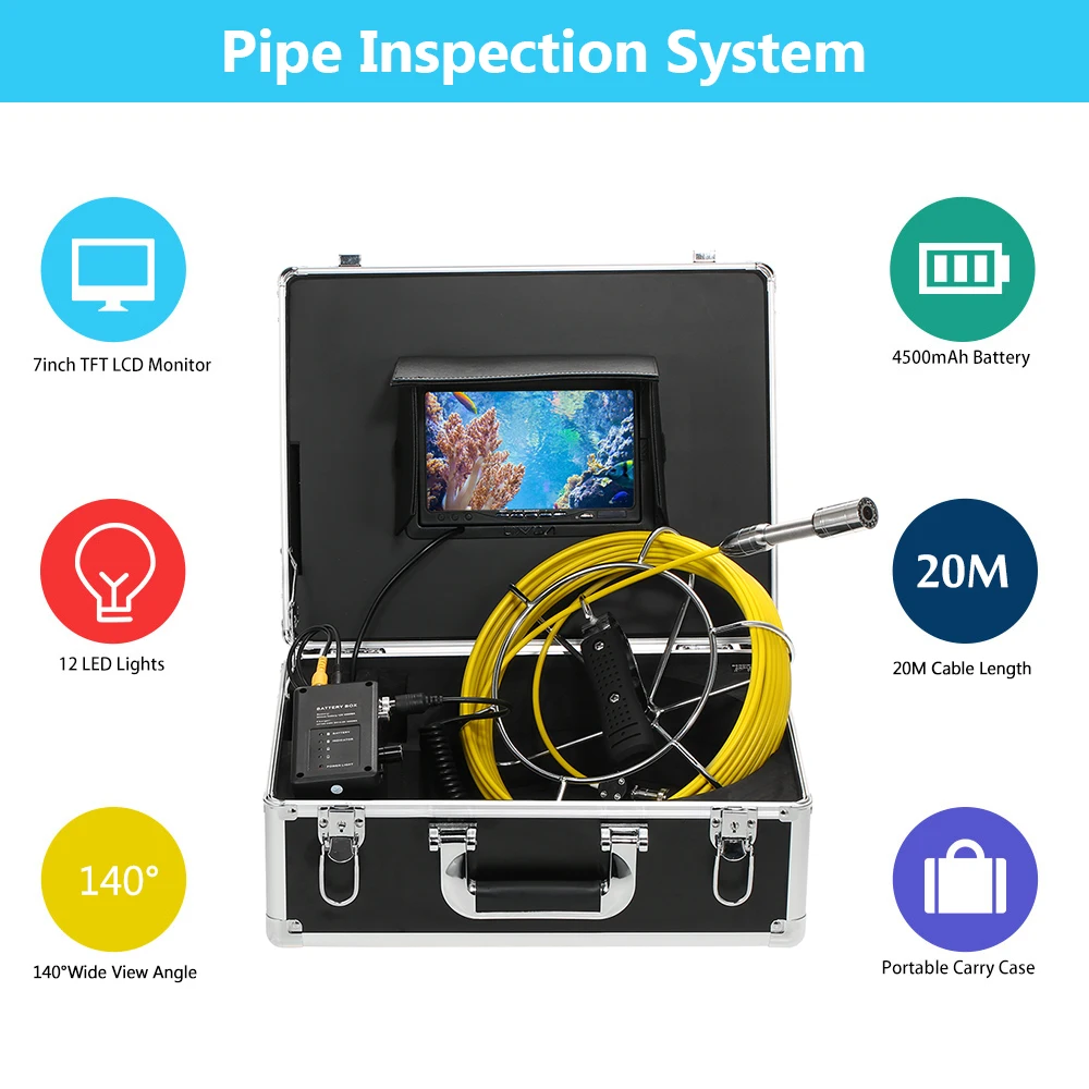 

Pesca Fishing Finder 20M Drain Pipe Sewer Inspection Camera IP68 Fishing Camera 7" LCD Monitor 12 LEDs Night Vision