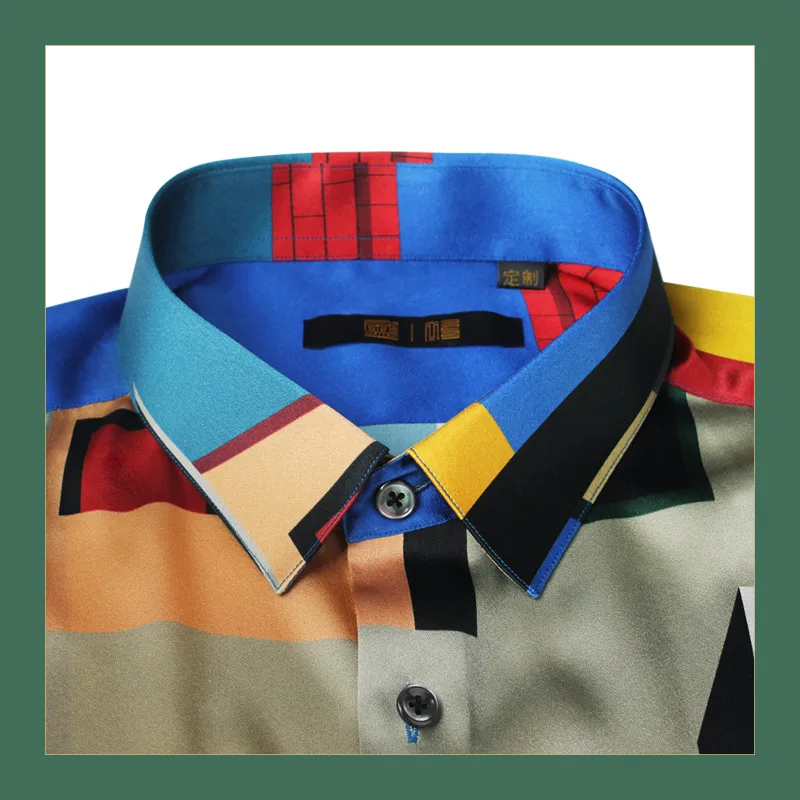 Mondrian Kemeja Sutra Dengan Geometri Tidak Beraturan Digital Printing Lengan Panjang Kerah Kemeja Untuk Pria Kemeja Kasual Aliexpress