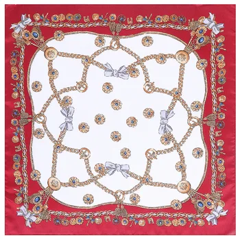 

2019 Women Square Scarves Chain Pendant Fringed Bow Print Square Scarves Women Brand Silk Satin Bandanna Headband