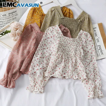 

Ladies Floral Casual Blouses Ruffles Sweet Short Style Spring Women Tops And Blouses Cute Print Shirts Elasticity Blusas Mujer