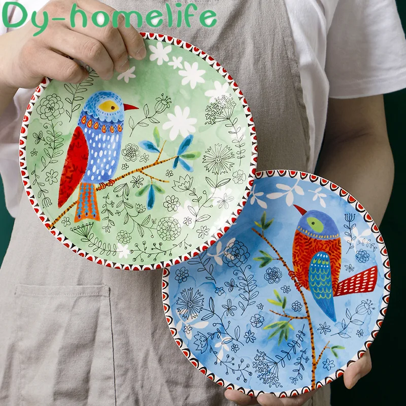 

Japanese Creative Multicolor Bird Round Ceramic Plate Restaurant Home Glaze Chinese Color Western Salad Fruit Plate