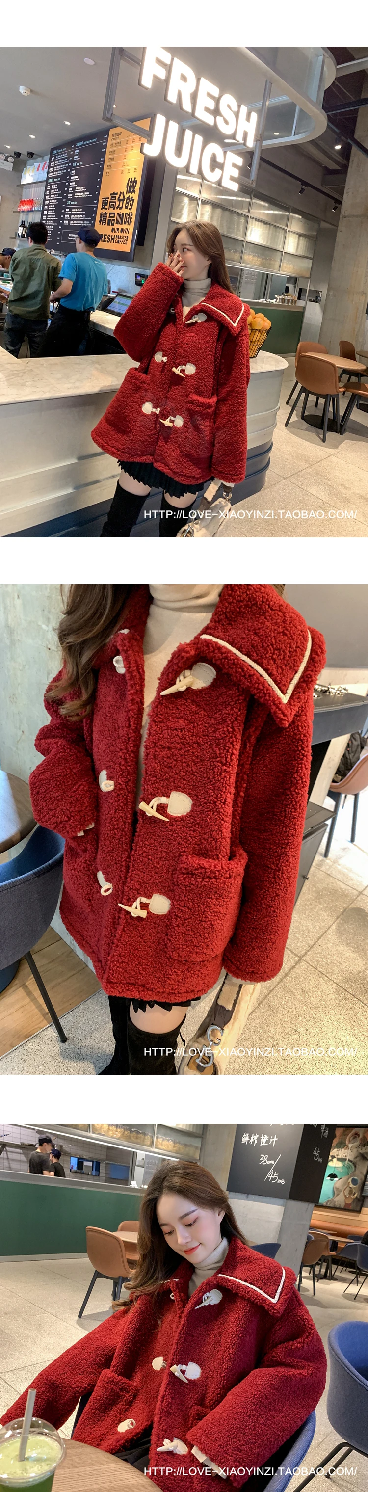 Британский стиль, красный мех ягненка, с роговыми пряжками, с отворотом, утепленная куртка, женская,, зимняя, короткая, дикая, толстая, Корейская, Толстая куртка