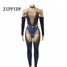 Модный синий джинсовый комбинезон, стразы, сексуальный джинсовый костюм с принтом, блестящий женский комбинезон с блестками, комбинезон, женский наряд для выпускного вечера