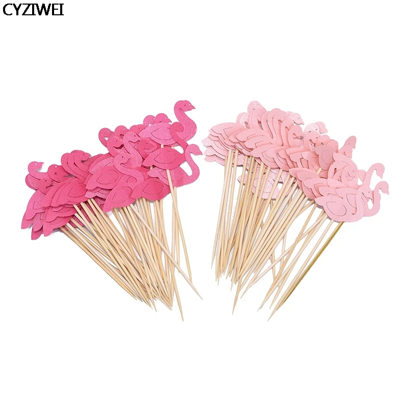 20/30/60Pcs Rose Pink Animal Flamingo Cake Topper Hawiian Tropical Theme Party Baby Shower Wedding Cup Cake Decoration Supplies