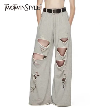 

TWOTWINSTYLE Casual Ripped Hole Full Length Pants Female High Waist With Sashes Loose Pleated Asymmetrical Wide Leg Pant Women