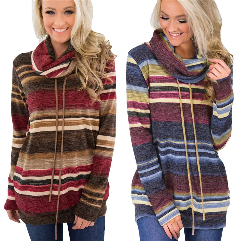 Turtleneck Sweater Women Autumn Winter Long Sleeve Sweater 2019 Striped Multicolor Casual Pullover Lace Up Knitted Sweater Tunic