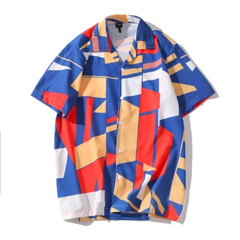 

#3889 Casual Men's Shirts With Short Sleeves Blue Beach Shirt For Men Geometric Printed Shirt Man Hawaiian Beach Shirt For Men