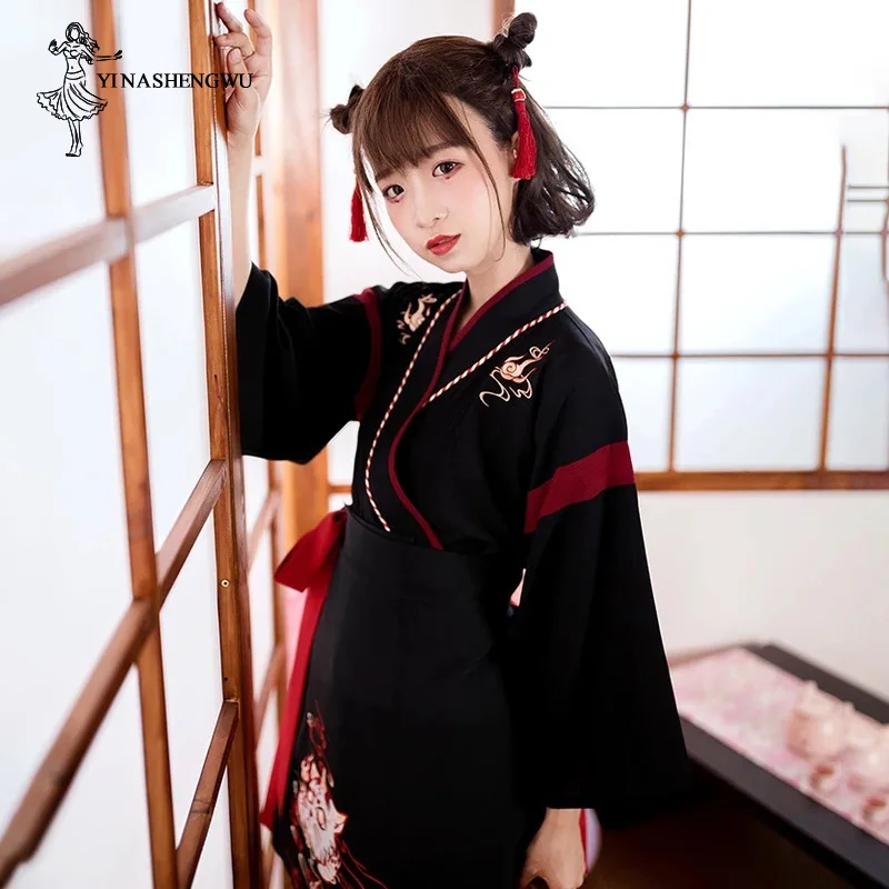 Japanese kimono Japanese Dress Kimono Woman Black White Cat Embroidery Skirts Vintage Asian Clothing Yukata Haori Cosplay Party 2 Pieces Sets
