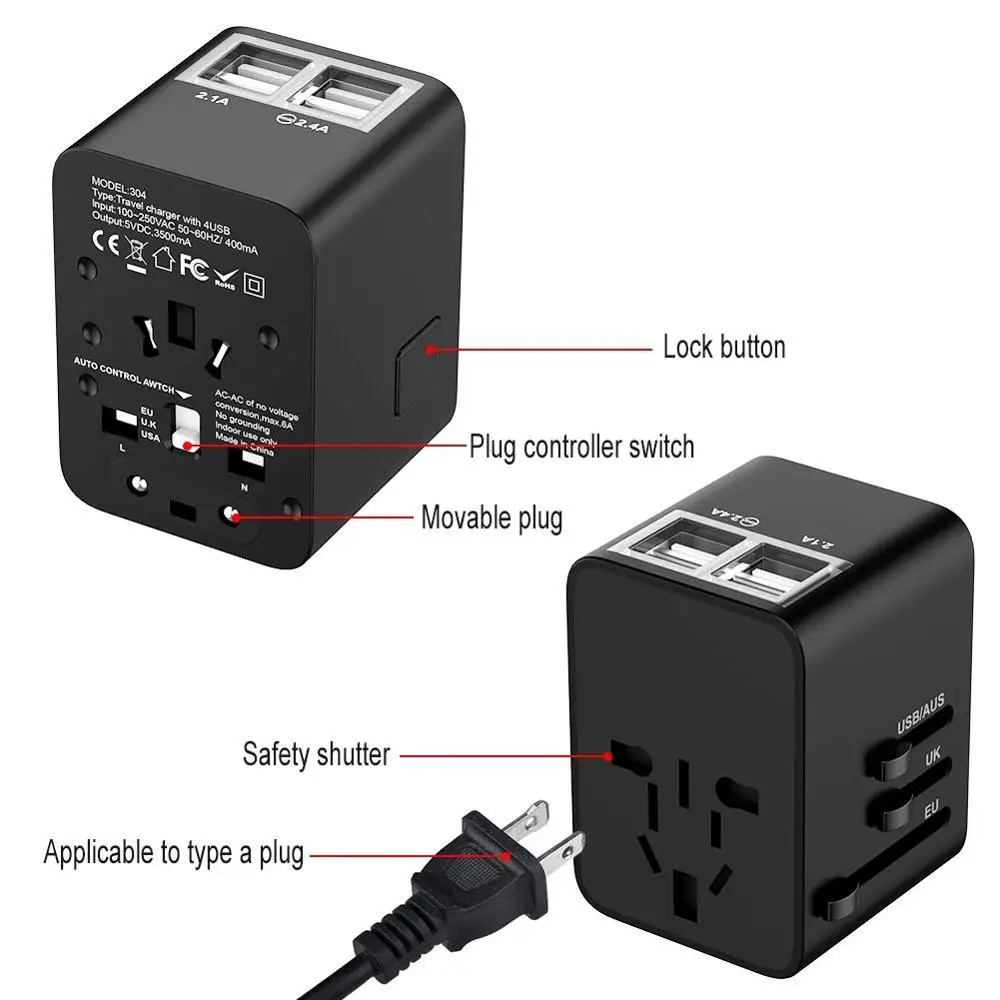 Black Travel Charger Adapter Universal Plug Adapter Charger Adapter for US UK EU AU with 4 USB 100-250V/ 6A Input 5V/3.5A Output 1500W - Цвет: Black