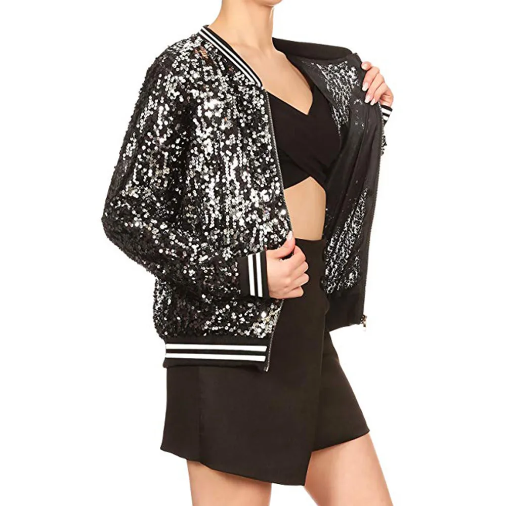 amazing  2019 Spring Autumn Women Sequin Bomber Jacket Long Sleeve Front Zip Jacket with Ribbed Cuffs Coats 