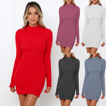 

Mini Knitting Dresses Long Sleeve Hollow Out Back Women's Autumn Winter High Neck Bottoming Sweater Women Clothing Vestidos 2020