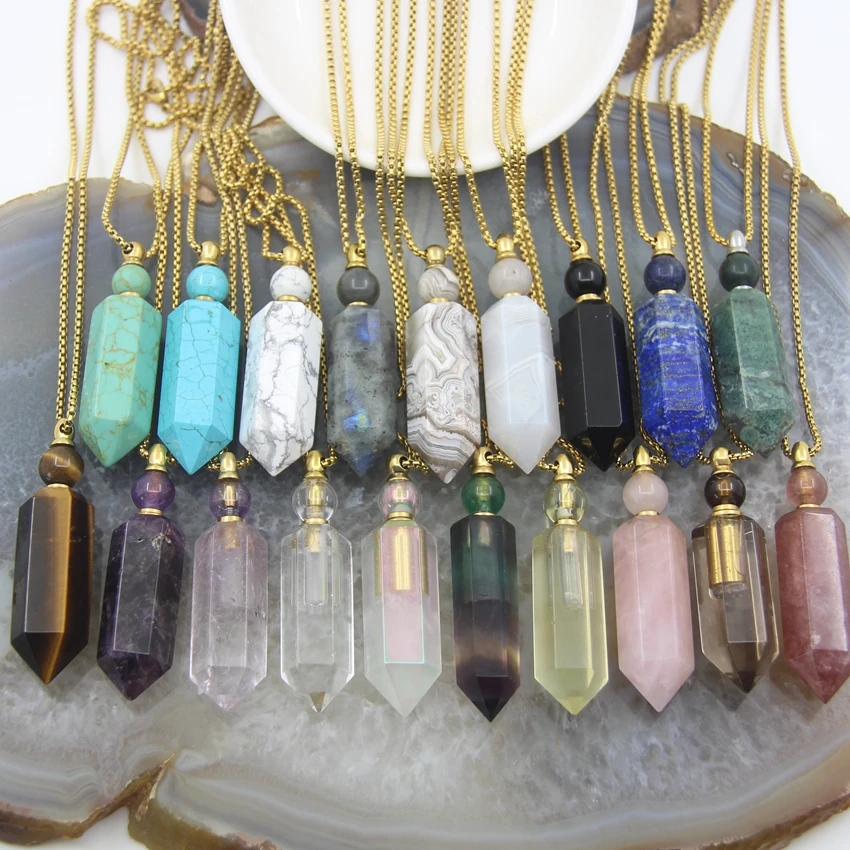 

Hexagon prism Spike Beads pointed Perfume Bottle Chains Necklace Pendants,Quartz Crystal Points Essential Oil Diffuser Vial