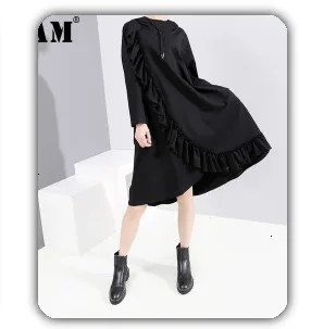 [EAM] Новое весенне-летнее платье со стоячим воротником и коротким рукавом с принтом черного цветка большого размера Женская мода JY268