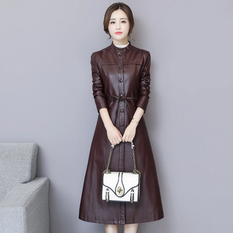 Wine Red Модная женская кожаная куртка зима осень размера плюс 5XL X-Long из мягкой искусственной кожи пальто тонкое высокое качество толстый теплый Тренч - Цвет: Wine Red