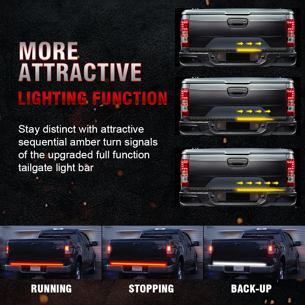  OKEEN 12V LED Tailgate Light Bar Red Running Strip Light Sequential Amber Turn Signal Brake Reverse - 4000184223071