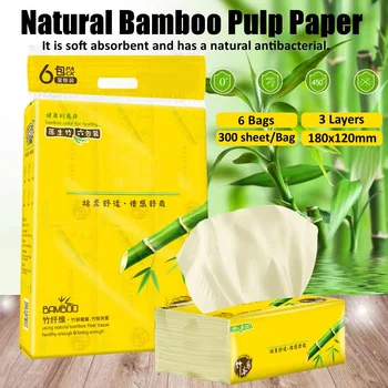 

3-Ply 6 Bags Bath Tissue Soft Skin-friendly Pump Paper Household Napkin Native Bamboo Pulp Paper Toilet Towel 300 sheet/Bag