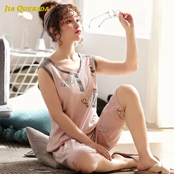 

Crew Neck Pajamas Set Homesuit Homeclothes Sleepwear Casual Style Fashion Style 100% Cotton Summer Sleeveless Woman Clothes