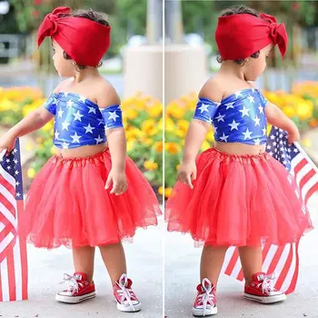 

2020 4th of July 3Pcs Newborn Baby Girl Clothes Set KidsRuffle Tube Top+Tulle Tutu Skirt Dress +Headband Outfits America clothes