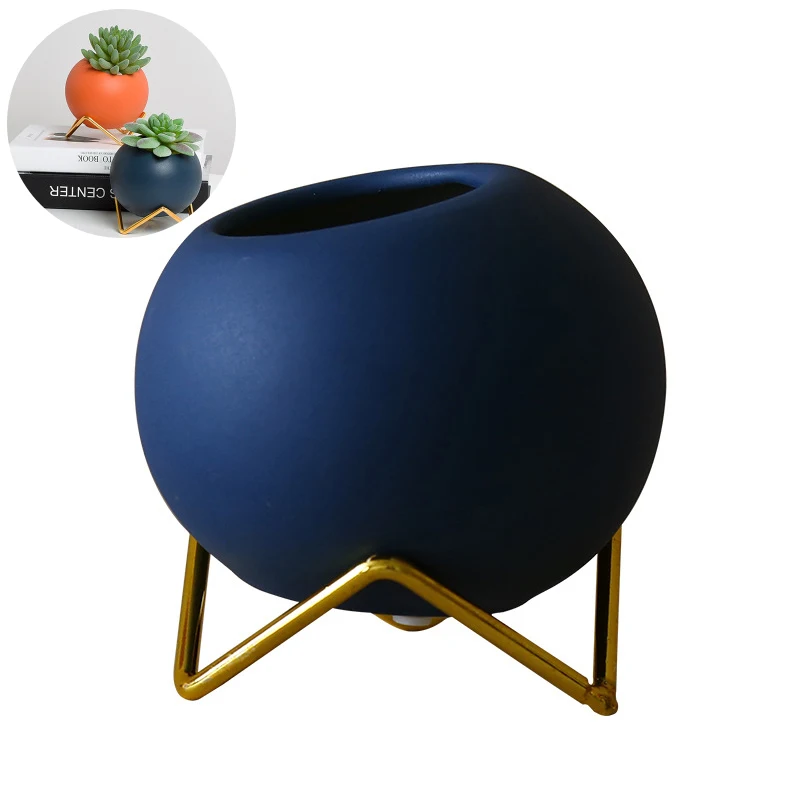 

Nordic Morandi Ceramics Flower Pot Garden Iron Frame Flowerpot Wedding Home Decoration Accessories Tabletop Gift