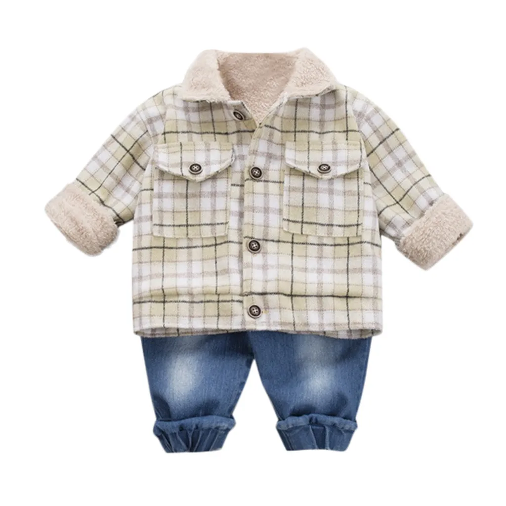 winter baby boy clothes Toddler Kid Baby Boys Cartoon Plaid warm Coat Jacket+Jeans Pants Outfits toddler winter baby clothing