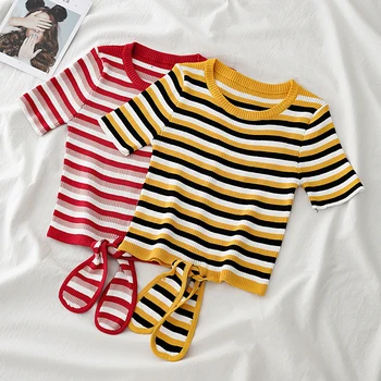 

Vintage Striped T-Shirt Women Korean Harajuku Bow Tie Tops 2020 Short Sleeve Basic T Shirt Summer Knitted T-Shirt Camiseta Mujer