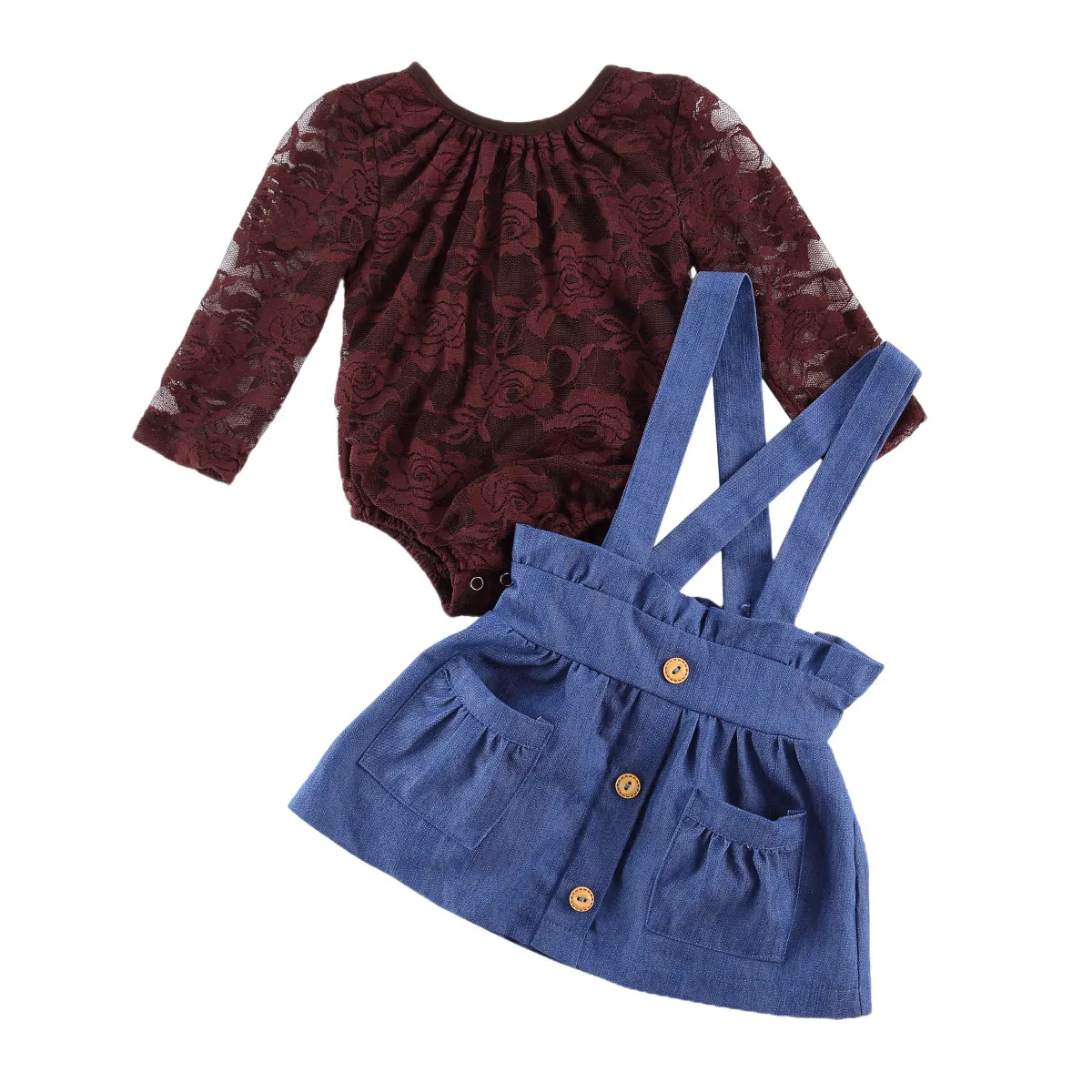 

Infant Baby Girls Clothes Sets Lace Long Sleeve Romper Top Blue Denim Pocket Buttons Overalls Dress