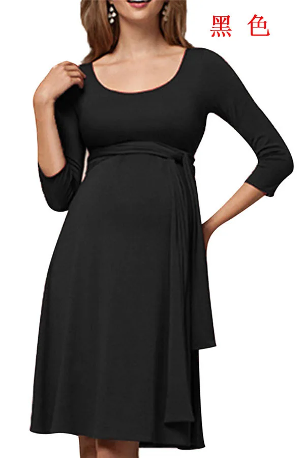 Sunhot стильная женская одежда, гофрированное длинное платье с поясом и круглым вырезом для грудного вскармливания, платья для беременных и кормящих - Цвет: Black