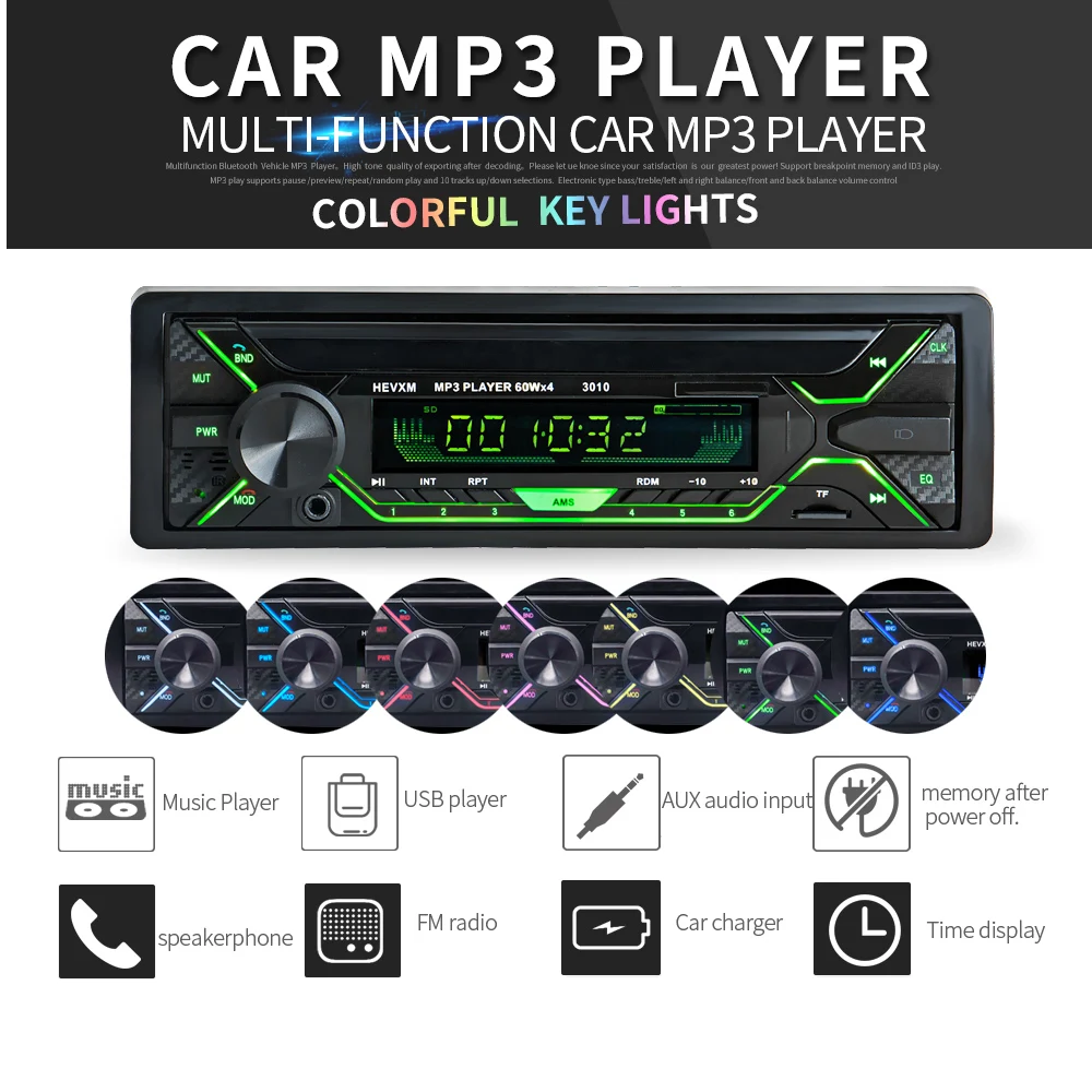 HEVXM Colorful Light Car Stereo Audio MP3 Player In-Dash 1 Din FM Receiver Aux Input SD MP3 MMC WMA Radio Player 3010