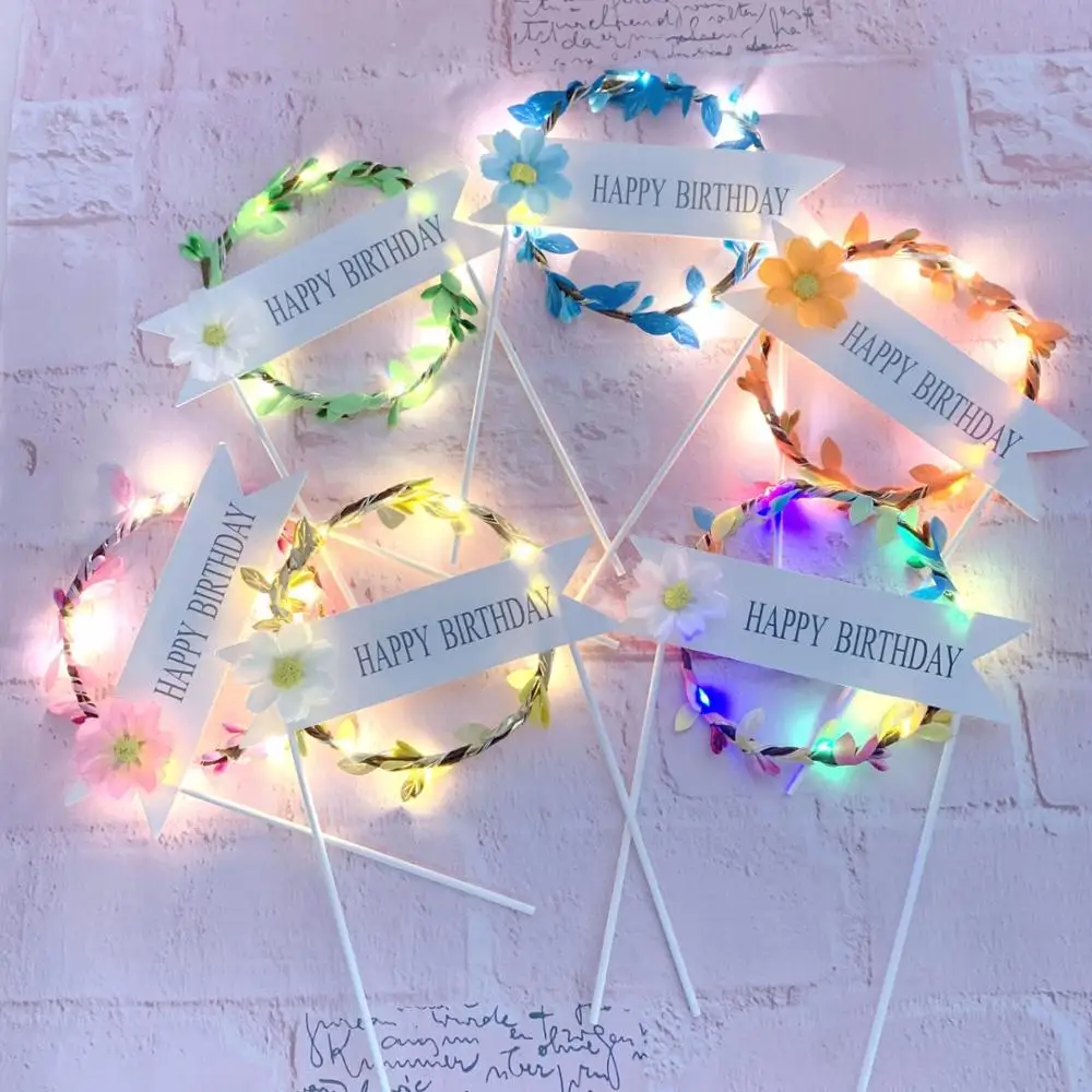 

6 colors DIY LED Light Up Garland Wreath Happy Birthday Cake Topper For Baby Shower Birthday Party Baking Decoration Supplies
