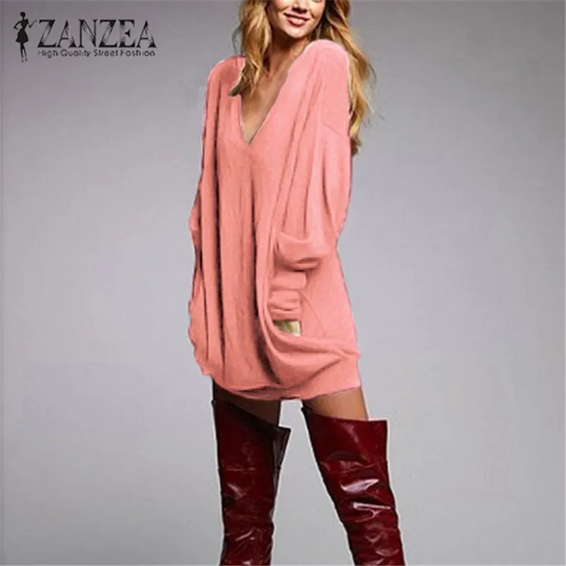 Модный свитер ZANZEA, Женский Осенний джемпер с длинным рукавом, повседневный сексуальный вязаный свитер с v-образным вырезом, свободные пуловеры, топы для женщин 5XL