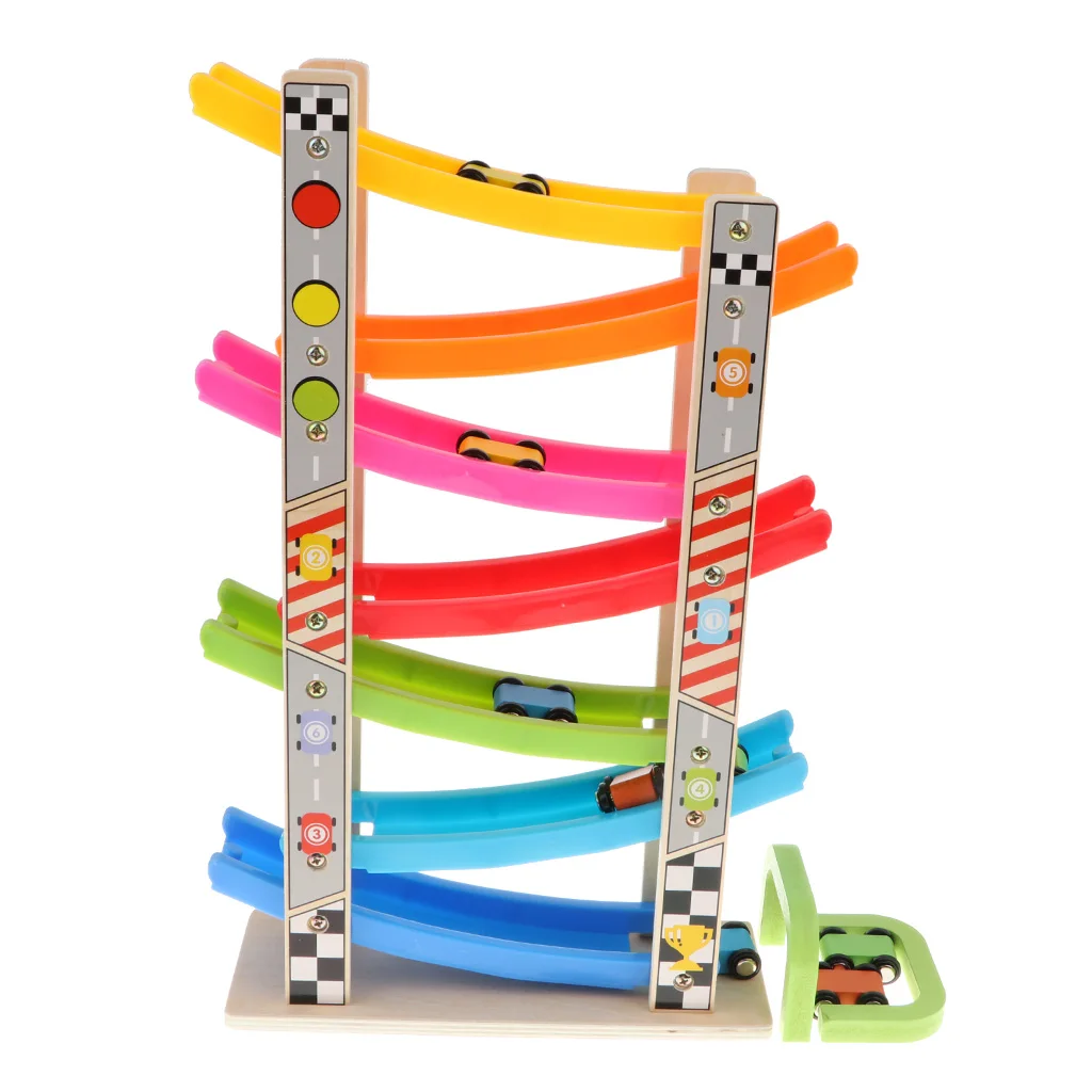 Wooden Car Ramp Race Track Vehicle Playsets with 7 Cars, 7-Layer Track Construction, Kids Toddlers Racer Game Educational Toy