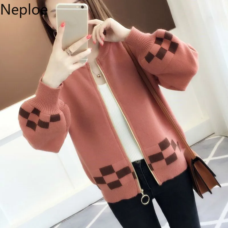 

Neploe Korean Preppy Style Knitted Cardigan Sweaters Fashion Patchwork Lantern Zipper Pull Femme Hiver Casual Sweater 45519